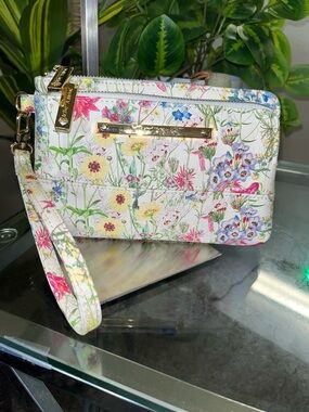 Betsey Johnson Floral Print double zipper wristlet with gold tone hardware